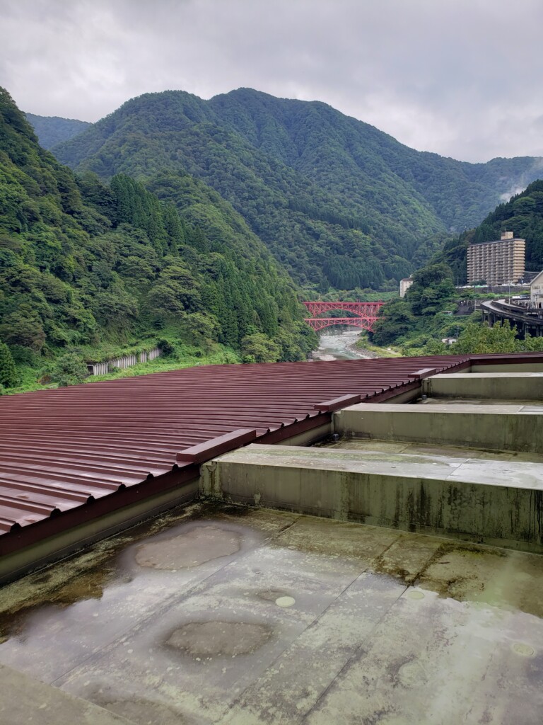 客室から見える黒部峡谷の赤い橋