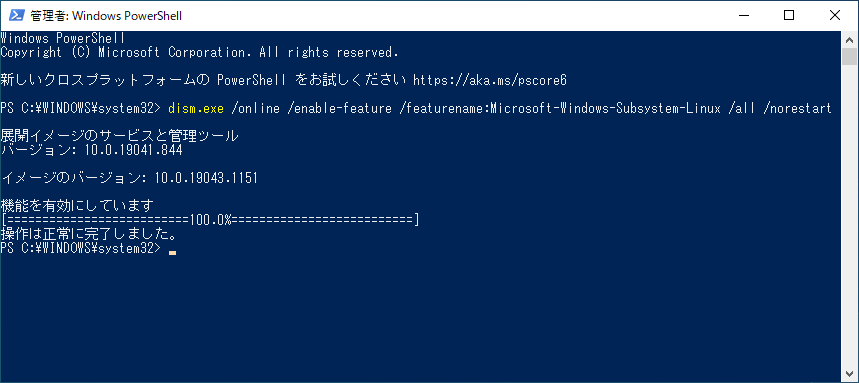 サブシステム有効化コマンドの実行画面