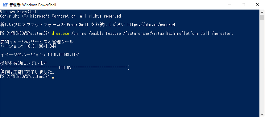 仮想マシンプラットフォーム有効化の実行画面